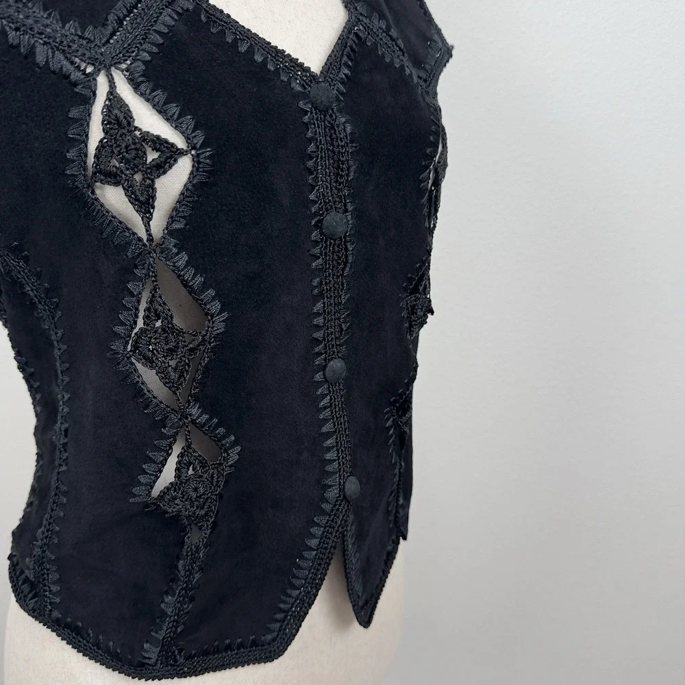 Vtg YingYing of Nevada Vest Womens M Black Leather Crochet‎ Whimsigoth Western